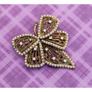 Vintage Rhinestone Pearl Leaf Brooch - V19